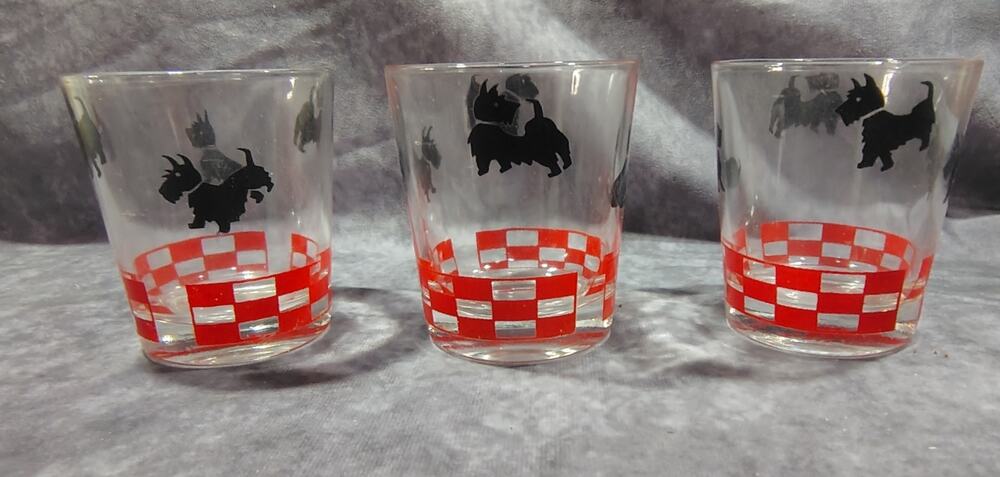 3 Vintage midcentury 1950's Beverage Drinking Glass Scottie Dog Print 3.5"